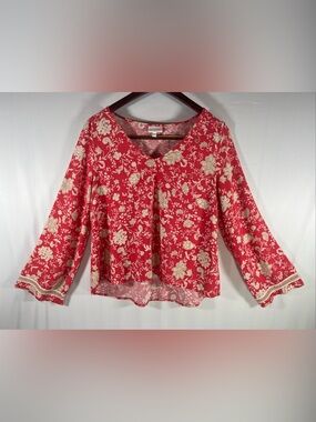 Shyanne Coral Red Floral V-Neck Blouse with Cream Botanical Print